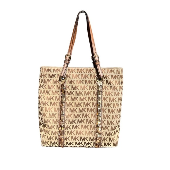 Michael Kors Brown and Tan Signature MK logo Tote with adjustable straps - Picture 15 of 15